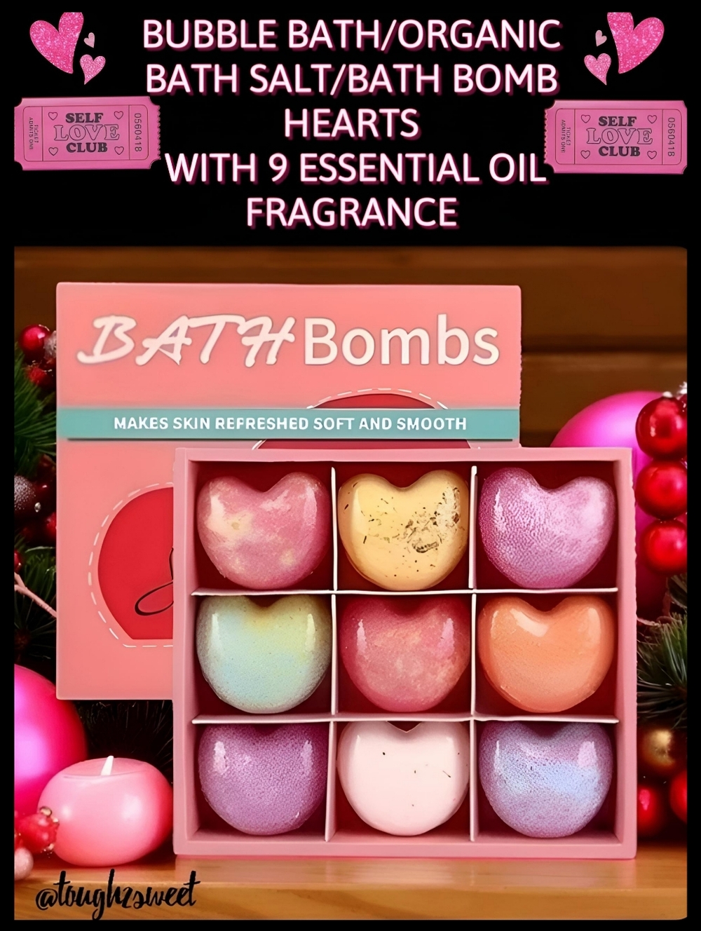 🆕️BUBBLE BATH/ORGANIC BATH SALT/BATH BOMB HEARTS WITH 9 ESSENTIAL OIL FRAGRANCE